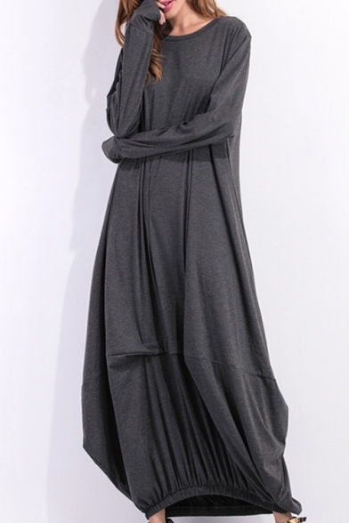 Loose Comfort Plain Round Neck Long Sleeve Maxi A-Line Dress