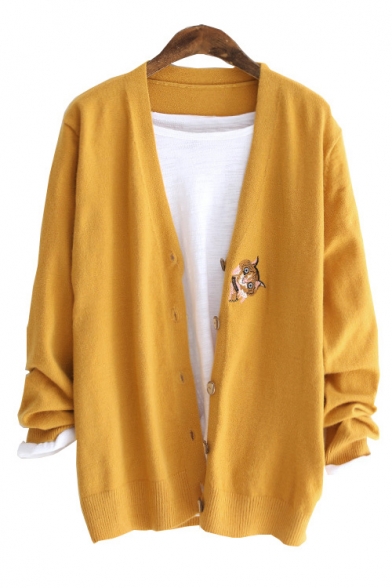 Lovely Cat Embroidered V Neck Button Front Long Sleeve Cardigan