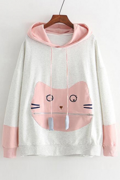 Lovely Color Block Cat Pattern Pocket Front Long Sleeve Loose Hoodie