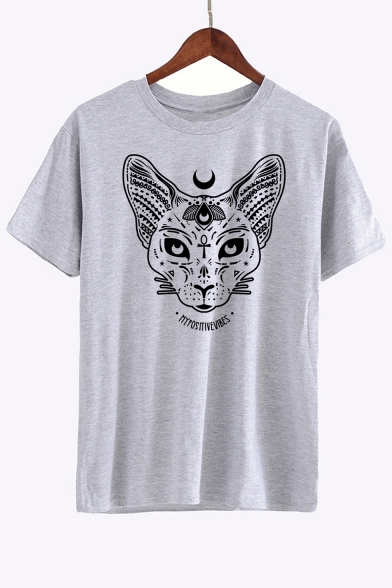 Moon Cat Letter Printed Round Neck Short Sleeve T-Shirt