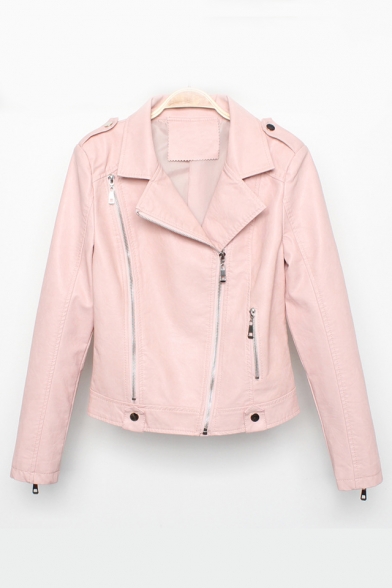 Notched Lapel Collar Plain Long Sleeve Zipper Front Cropped PU Leather Jacket