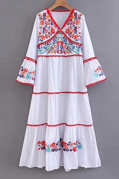 Pom Pom Embellished V Neck Long Sleeve Floral Embroidered Maxi A-Line Dress