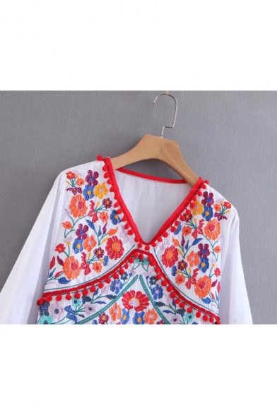 Pom Pom Embellished V Neck Long Sleeve Floral Embroidered Maxi A-Line Dress