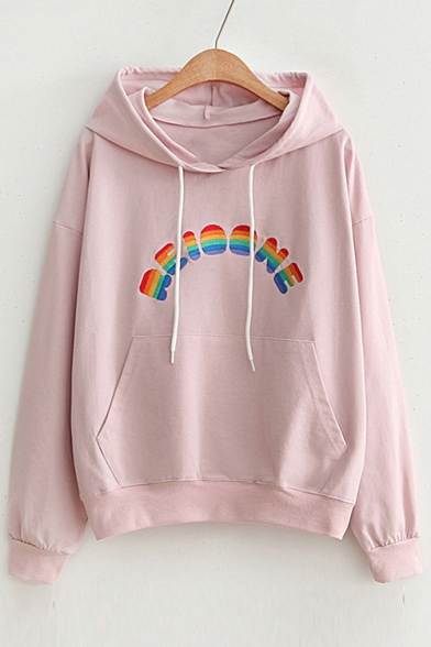 Rainbow Color Letter Embroidered Long Sleeve Casual Hoodie