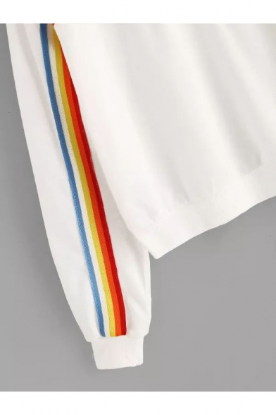Retro Rainbow Striped Patched High Neck Zipper Front Long Sleeve Sweatshirt