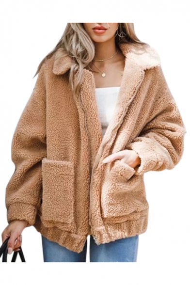 Warm Faux Fur Lapel Collar Long Sleeve Zip Closure Plain Jacket