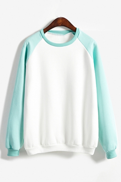 Basic Color Block Raglan Sleeves Round Neck Pullover Sweatshirt
