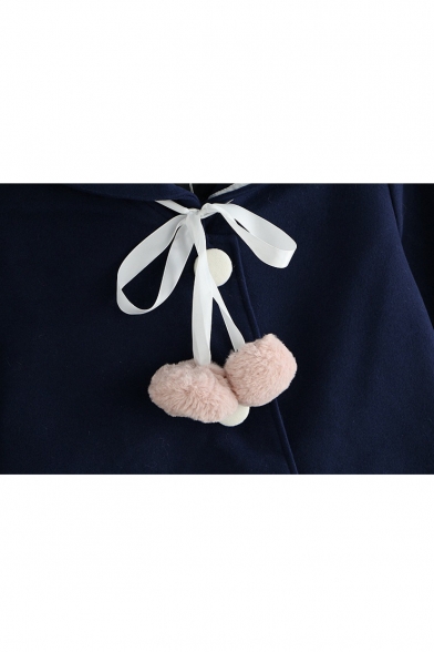 Cat Embroidered Sailor Collar Button Front Long Sleeve Coat