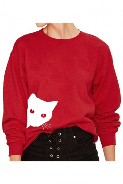 Cat Print Round Neck Long Sleeve Casual Pullover Sweatshirt
