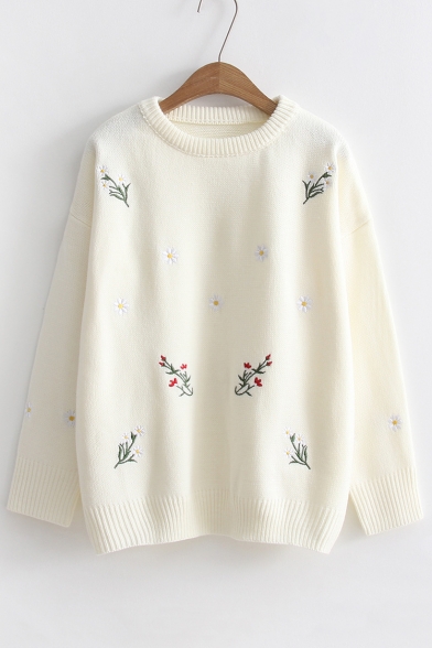 Chic Floral Embroidered Round Neck Long Sleeve Sweater