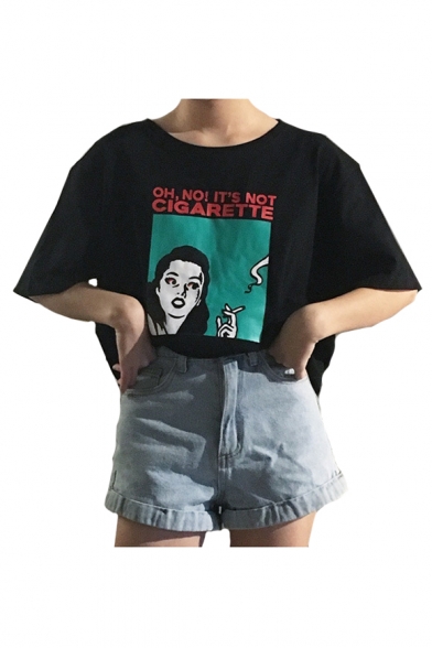 CIGARETTE Letter Cartoon Woman Print Round Neck Short Sleeve T-Shirt