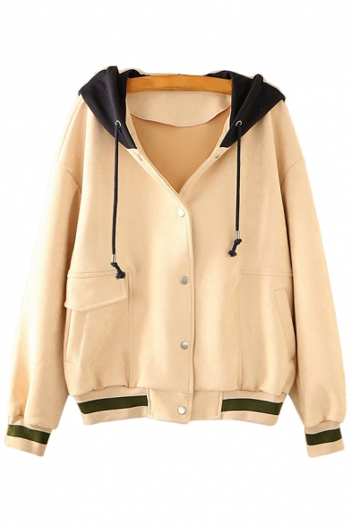 Color Block Button Front Long Sleeve Hooded Jacket with Asymmetric Pockets