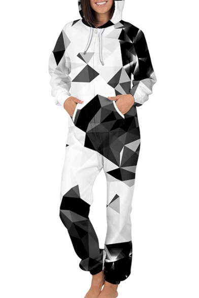 Color Block Geometric Printed Long Sleeve Hooded Jumpsuit