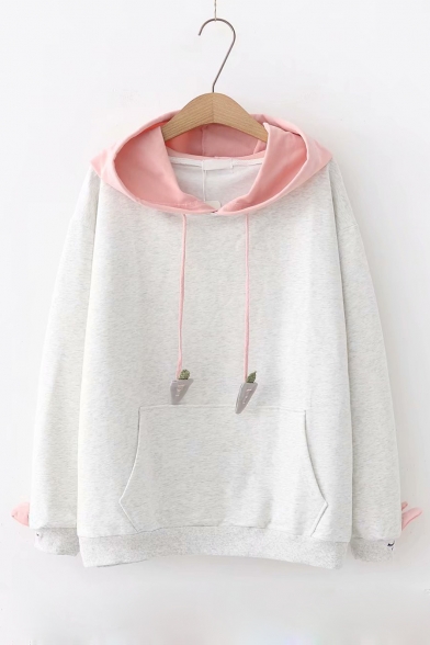 Color Block Rabbit Embroidered Carrot Pattern Drawstring Hood Long Sleeve Hoodie