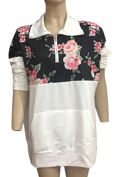Contrast Floral Panel Long Sleeve Lapel Collar Half-Zip Sweatshirt