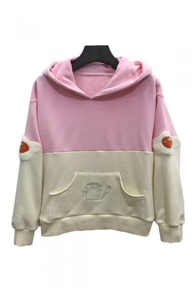 Cute Bread Embroidered Egg Applique Color Block Long Sleeve Hoodie