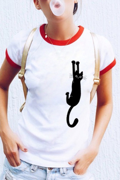 Cute Cat Printed Contrast Striped Round Neck Short Sleeve T-Shirt