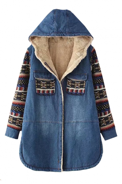 Denim Contrast Tribal Patchwork Long Sleeve Zip Closure Hooded Faux Fur Lining Coat
