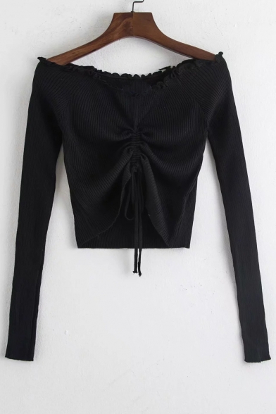Drawstring Front Off The Shoulder Long Sleeve Ribbed Crop  Sweater