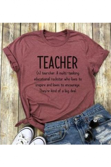 Fashion TEACHER Letter Printed Round Neck Short Sleeve T-Shirt