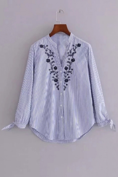 Floral Embroidered V Neck Striped Button Placket Long Sleeve Shirt