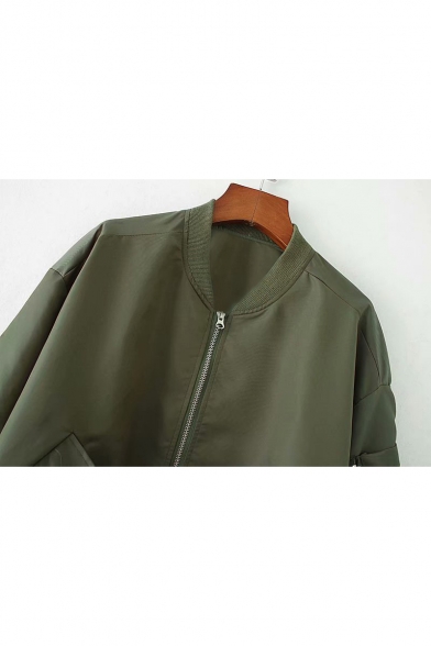 Plain Stand Up Collar Gather Detail Long Sleeve Zip Up Straps Embellished Cropped Bomber Jacket