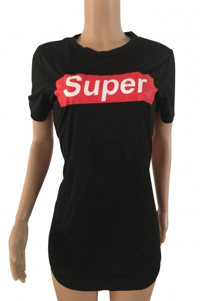 SUPER Letter Graphic Printed Round Neck Short Sleeve Mini T-Shirt Dress