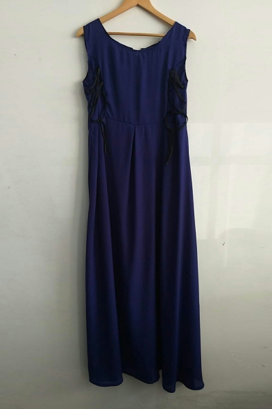 Vintage Round Neck Sleeveless Lace Up Detail Plain Maxi A-Line Dress