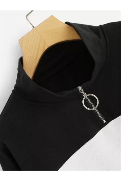 Zipper Front High Neck Color Block Long Sleeve Casual Sweatshirt