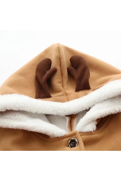 Button Front Deer Horn Embellished Hood Square Applique Long Sleeve Hooded Coat