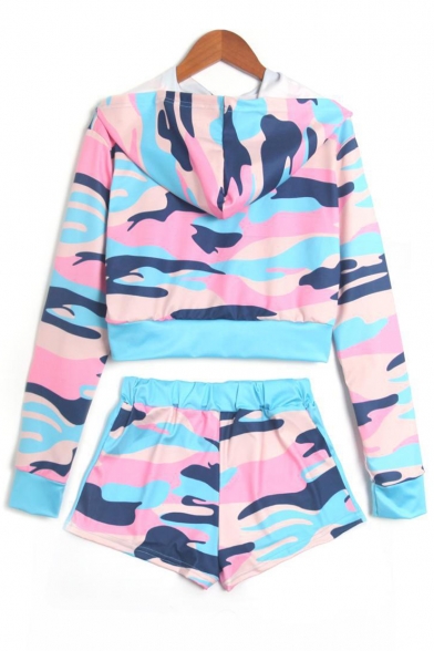 Casual Camouflage Printed Long Sleeve Cropped Hoodie with Drawstring Waist Shorts Co-ords