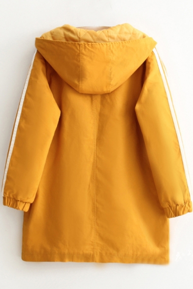 CHEESE Letter Embroidered Applique Contrast Striped Long Sleeve Concealed Zip Placket Hooded Coat