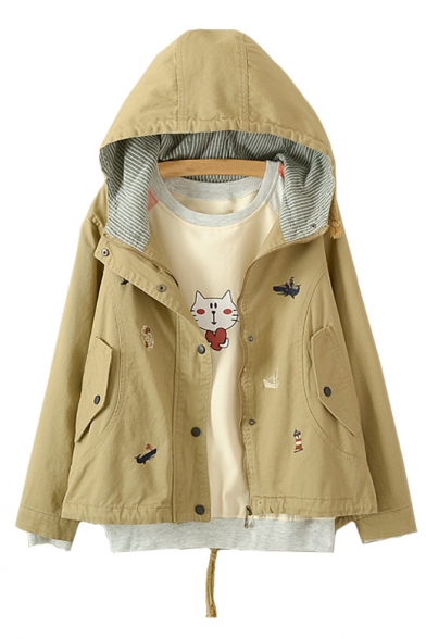 Chic Sailboat Embroidered Long Sleeve Concealed Zip Placket Hooded Jacket