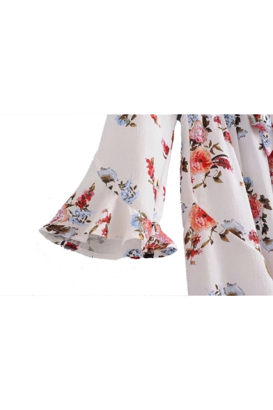Chic V Neck Tie Front Floral Print Long Sleeve Romper