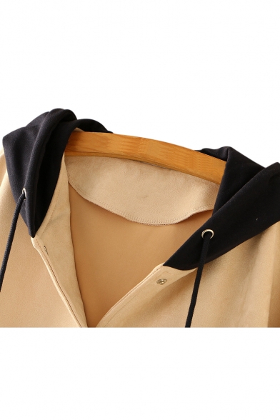 Color Block Button Front Long Sleeve Hooded Jacket with Asymmetric Pockets