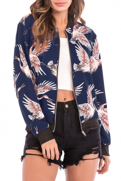 Crane Printed Stand Up Collar Long Sleeve Zip Up Fashion Jacket