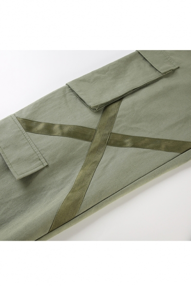 Cross Straps Patched Button Fly Loose Cargo Pants