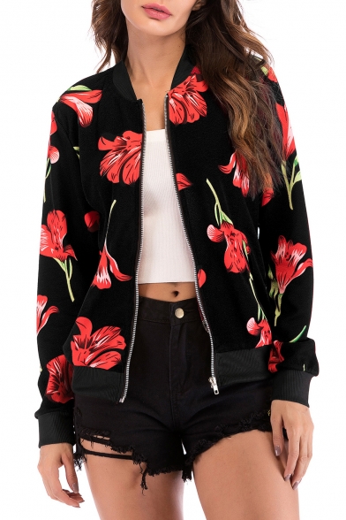 Fashion Floral Printed Stand Up Collar Long Sleeve Zip Closure Jacket
