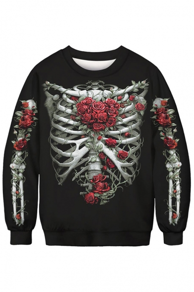 Floral Skeleton Print Round Neck Long Sleeve Sweatshirt
