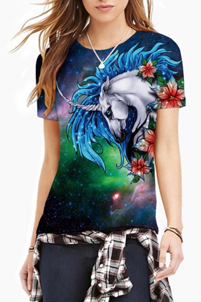 Galaxy Unicorn Floral Printed Round Neck Short Sleeve T-Shirt