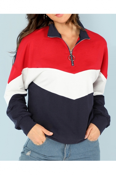 Half-Zip Stand Up Collar Color Block Long Sleeve Sweatshirt