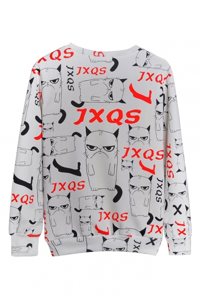 Letter Cat All Over Print Round Neck Long Sleeve Pullover Sweatshirt