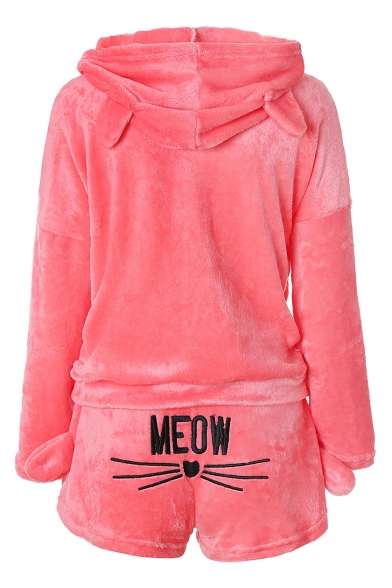 Letter Cat Embroidered Faux Fur Long Sleeve Hoodie with Elastic Waist Shorts Co-ords
