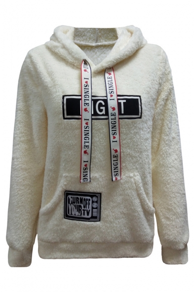 Letter Pattern Applique Long Sleeve Plush Casual Hoodie