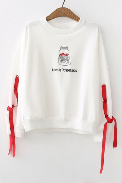 LOVE IS POSSESSION Letter Bottle Embroidered Straps Embellished Long Sleeve Round Neck Sweatshirt