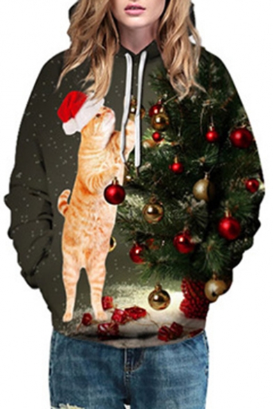 Lovely Cat Christmas Tree Printed Long Sleeve Hoodie
