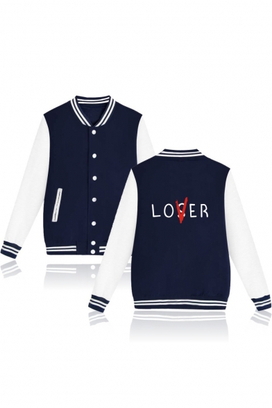 LOVER Letter Printed Contrast Striped Trim Color Block Long Sleeve Button Closure Baseball Jacket