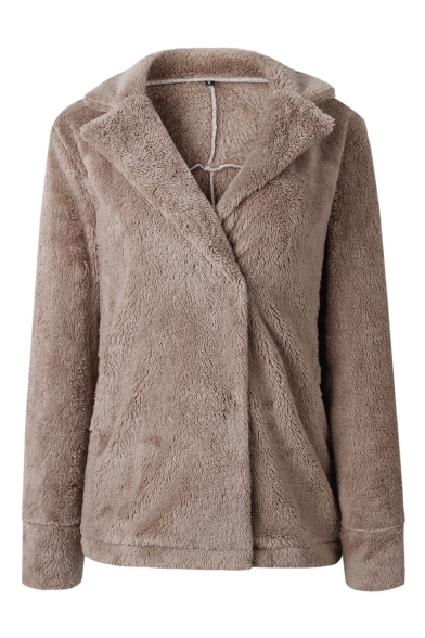 Notched Lapel Collar Plain Long Sleeve Faux Fur Warm Jacket