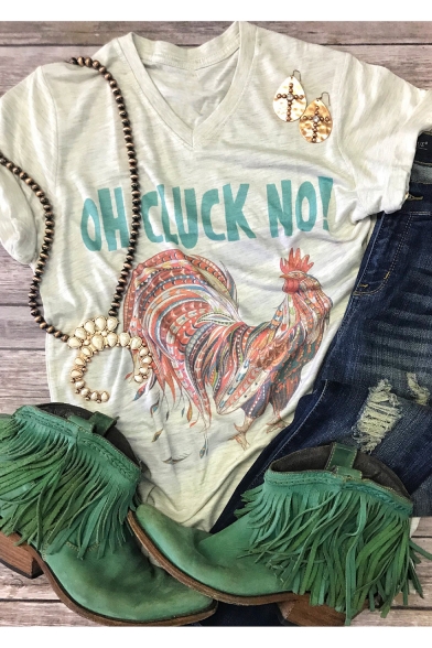 OH CLUCK NO Letter Cock Printed V Neck Short Sleeve T-Shirt