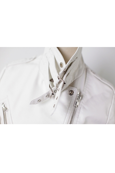 PU Notched Lapel Collar Plain Offset Zip Closure Cropped Leather Jacket
